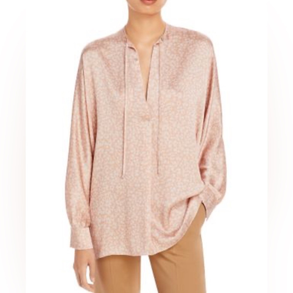 Vince Feathered Petal Tie Neck Silk Long Sleeve Blouse in Yarrow Pink Size Small